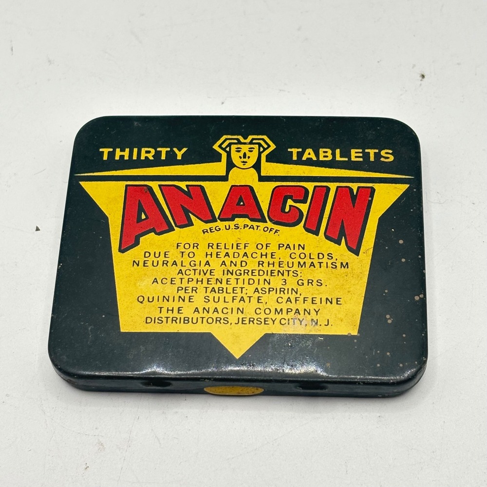 Vintage Anacin Tablet Tin Black Yellow Red Metal Medicine Box Advertising USA